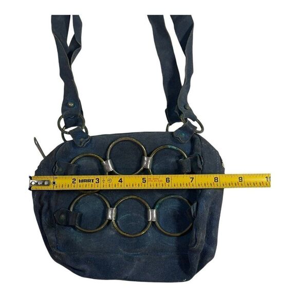 Blue Suede Leather Small Purse Brass Rings Circle Chain MCM Shoulder Bag 8x6.25 - Picture 5 of 7